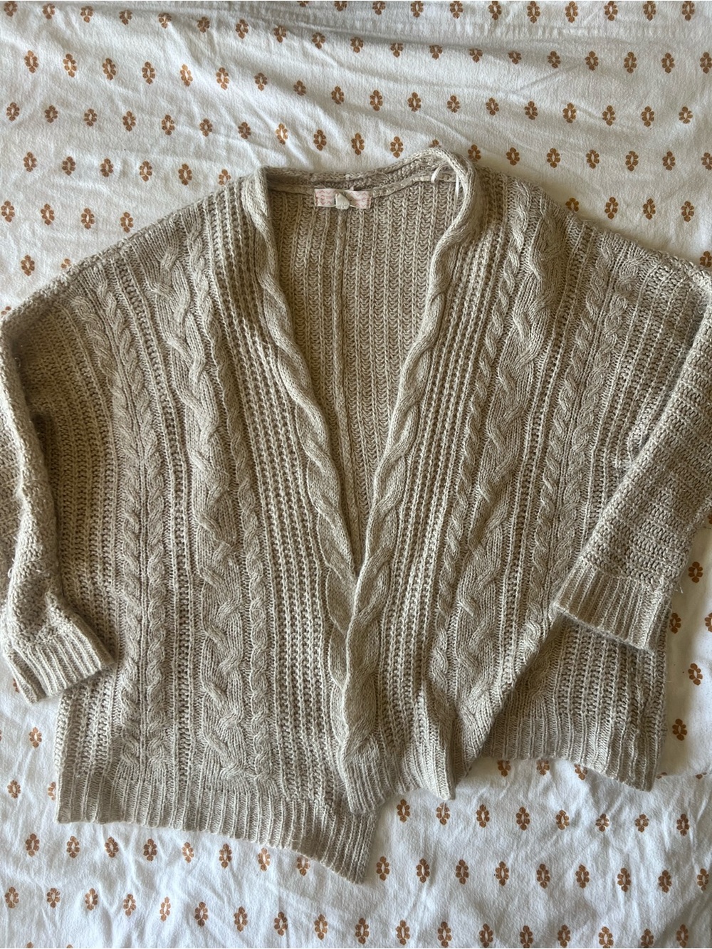 Pink Republic Cable Knit Open-Front Cardigan in Light Beige